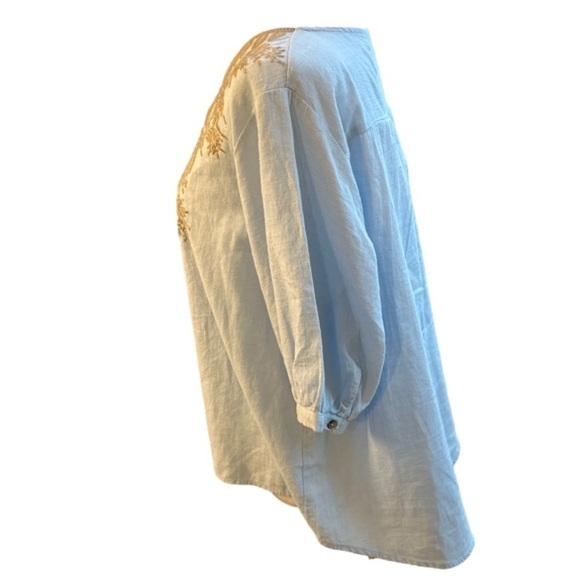 Blue Boho Embroidered Balloon Sleeve V-Neck Top 100% Cotton sz L - Picture 4 of 11